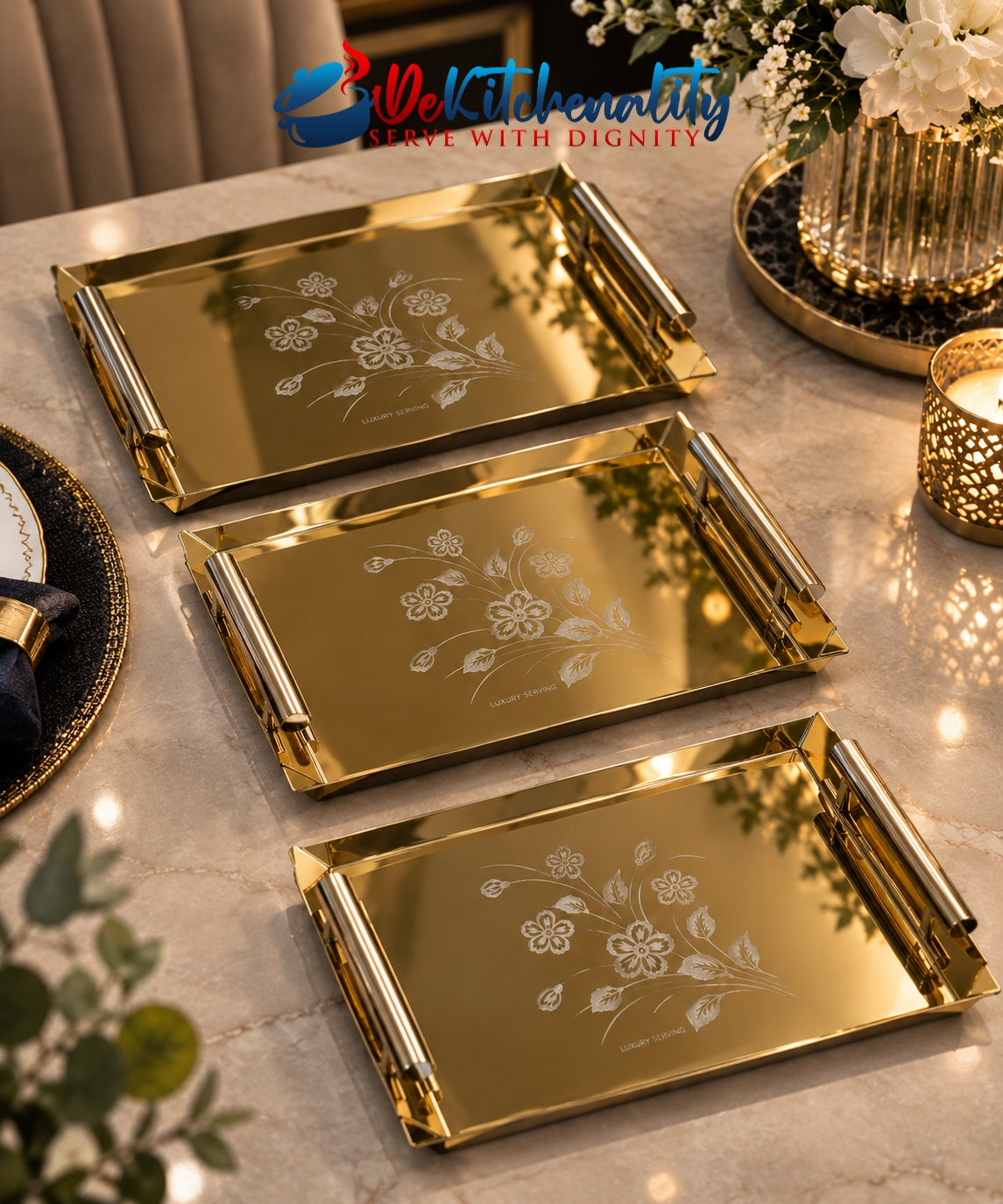 3-Piece Golden Stainless Steel Tray Set – Laser Print Luxury Serving Trays