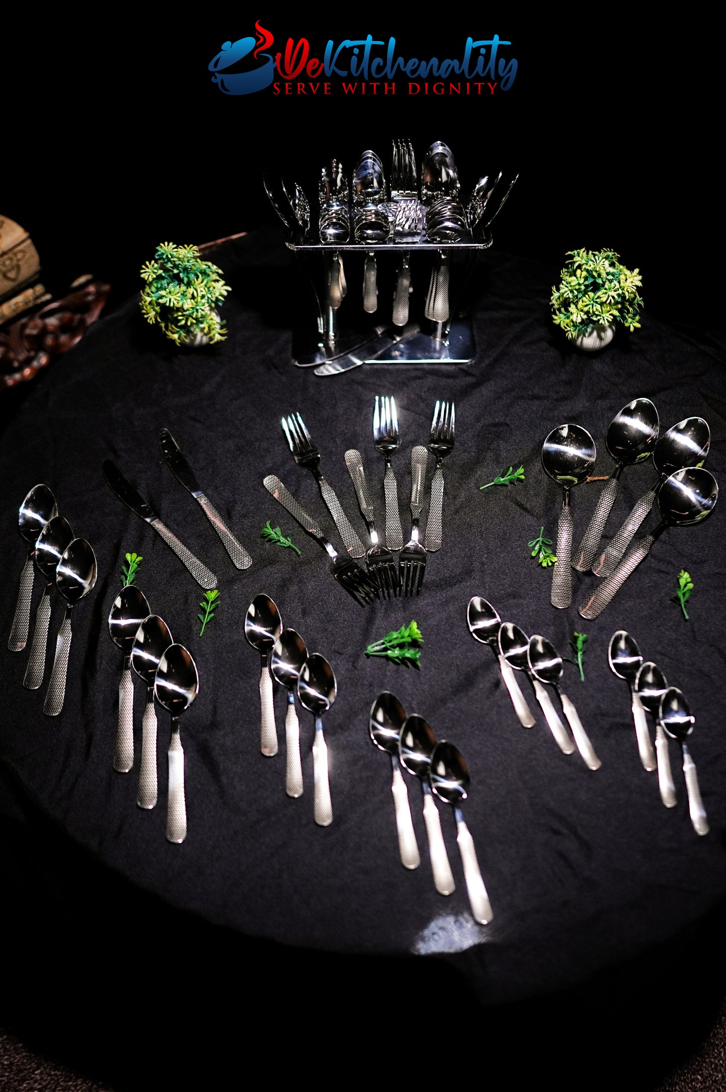 31-Piece Stainless Steel Cutlery Set with Stand – Laser Printed Serves 6