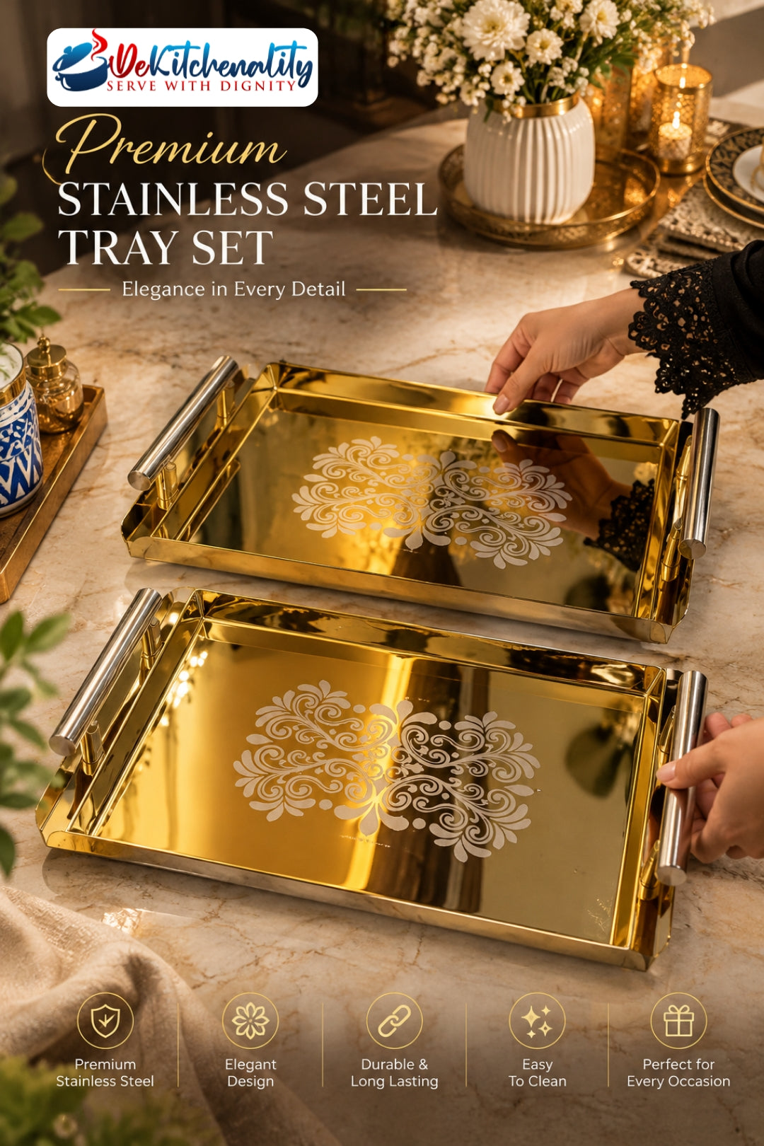 3-Piece Golden Stainless Steel Laser Print Serving Tray Set - Dekitchenality Pakistan