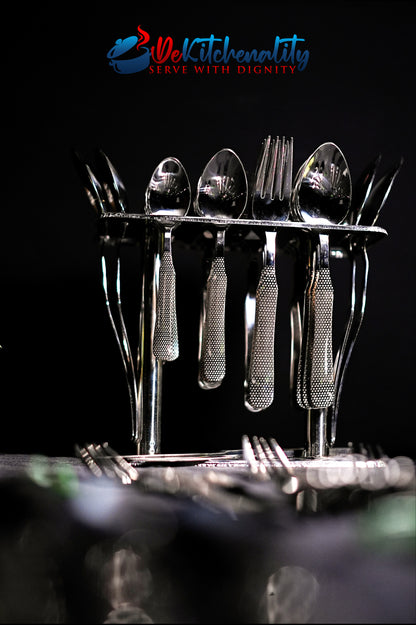 31-Piece Stainless Steel Cutlery Set with Stand – Laser Printed Serves 6