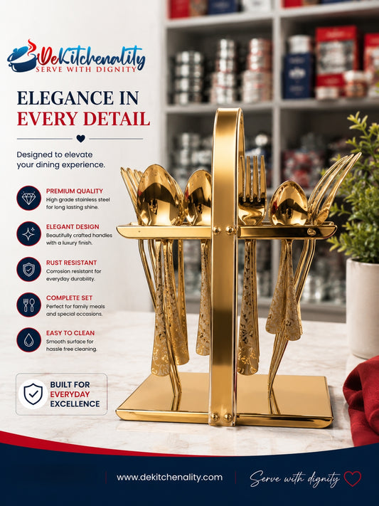 Premium 29 Piece Golden Stainless Steel Cutlery Set with Stand Laser Print Pakistan