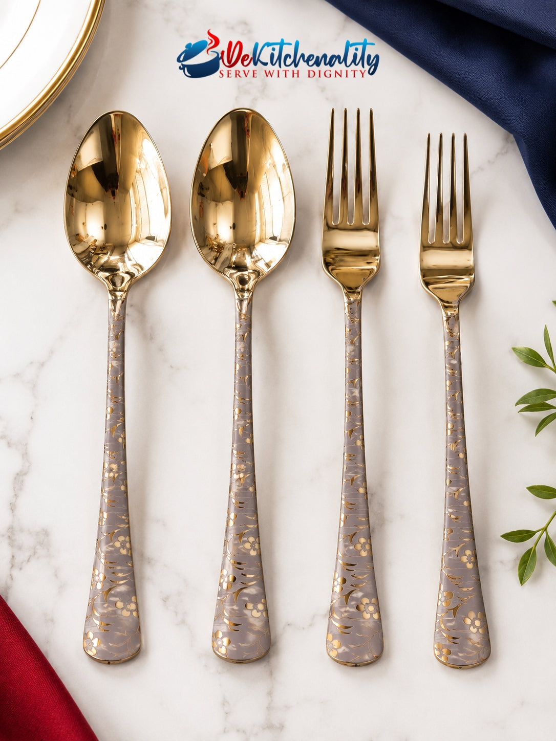 Dekitchenality Laser Printed Golden Stainless Steel Cutlery Set Fade Proof Pakistan COD