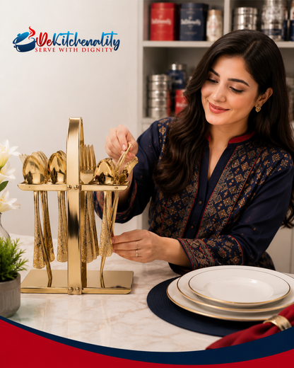 Premium Stainless Steel Golden Cutlery Gift Set 29 Pieces with Stand Eid Gift Pakistan