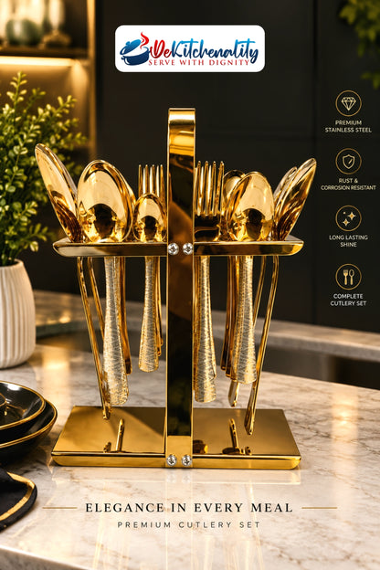 Premium Golden Stainless Steel Cutlery Set 29 Pieces – Laser Printed with Stand | Dekitchenality