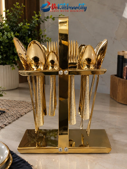 Premium Golden Stainless Steel Cutlery Set 29 Pieces – Laser Printed with Stand | Dekitchenality