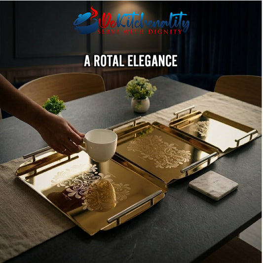 3-Piece Golden Stainless Steel Tray Set – Laser Print Design | Luxury Serving Trays - Best For Gifting