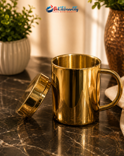 Dekitchenality Golden Stainless Steel Mug with Lid Double Wall Insulation Pakistan
