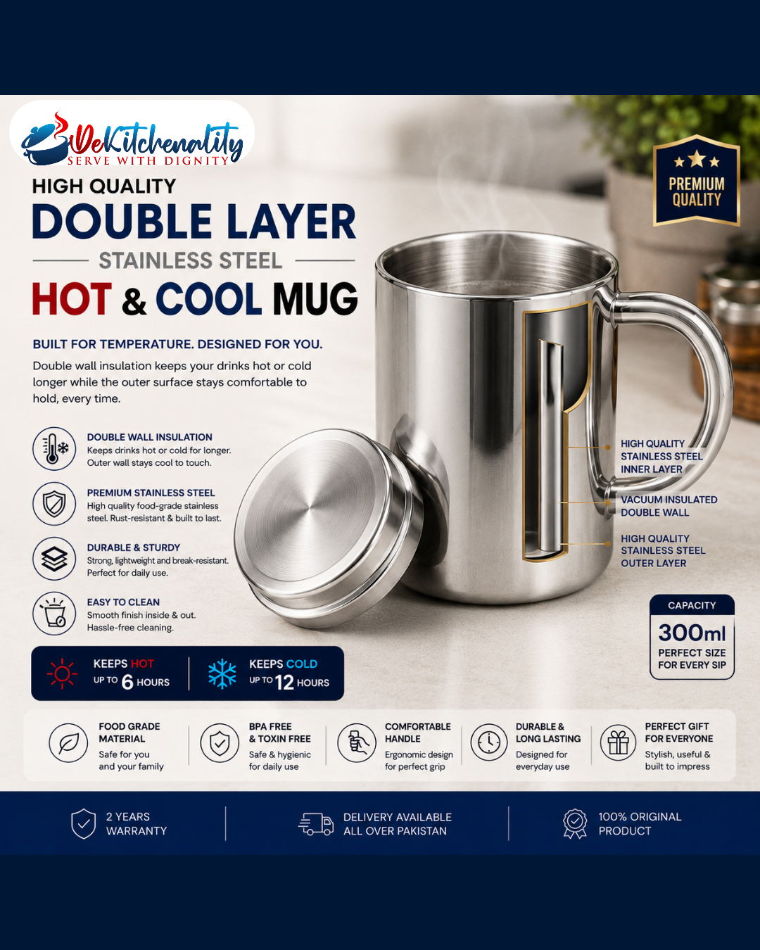 Double Layer Silver Hot Cool Mug 300ml Keeps Hot 6 Hours Cold 12 Hours Pakistan