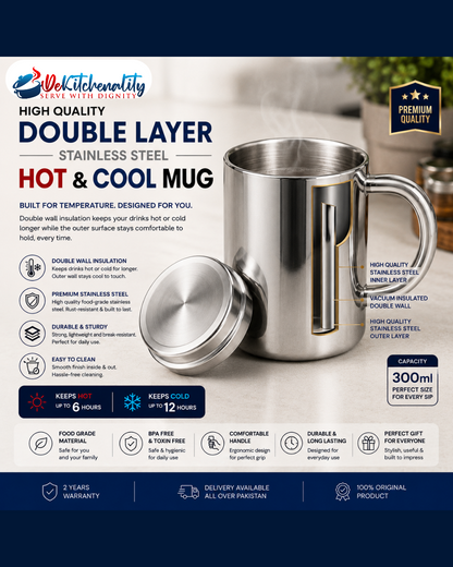 Double Layer Silver Hot Cool Mug 300ml Keeps Hot 6 Hours Cold 12 Hours Pakistan