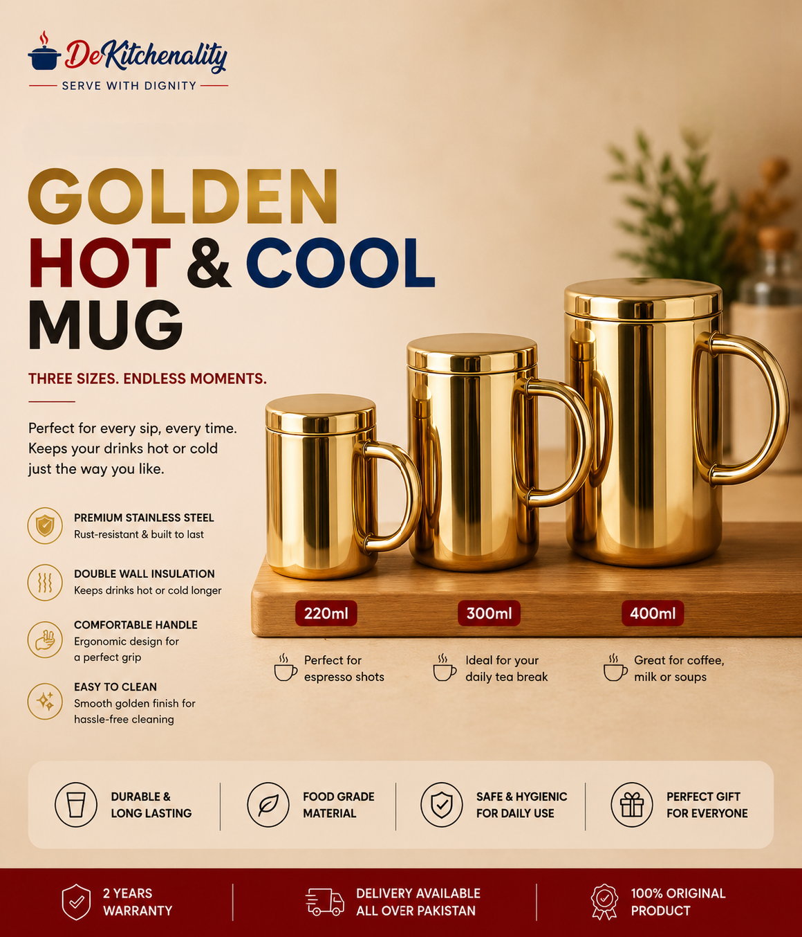 Golden Hot Cool Mug Three Sizes 220ml 300ml 400ml Double Wall Insulated Pakistan COD