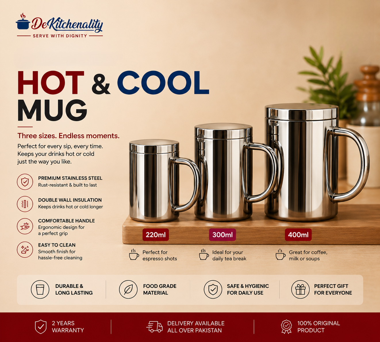 Dekitchenality Double Layer Golden Stainless Steel Hot Cool Mug 220ml 300ml 400ml Pakistan