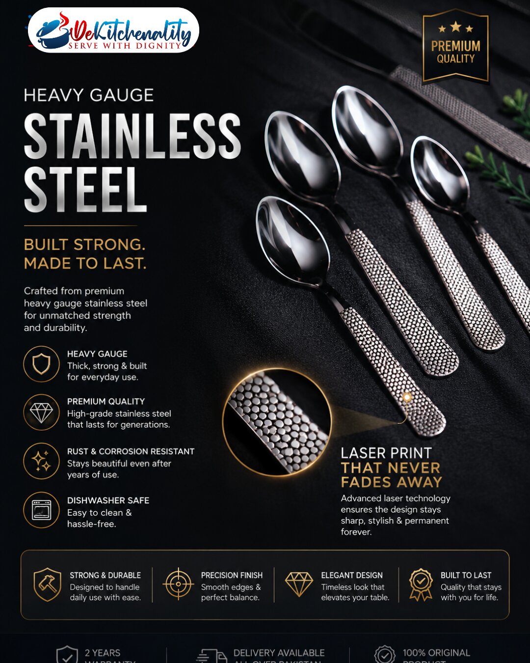 Premium Stainless Steel Cutlery Set – Laser Printed Never Fades Design