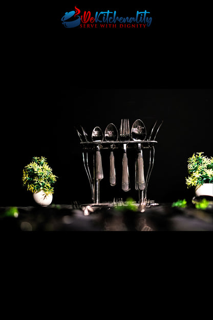 31-Piece Stainless Steel Cutlery Set with Stand – Laser Printed Serves 6