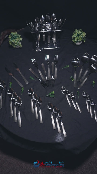 31-Piece Stainless Steel Cutlery Set with Stand – Laser Printed Serves 6