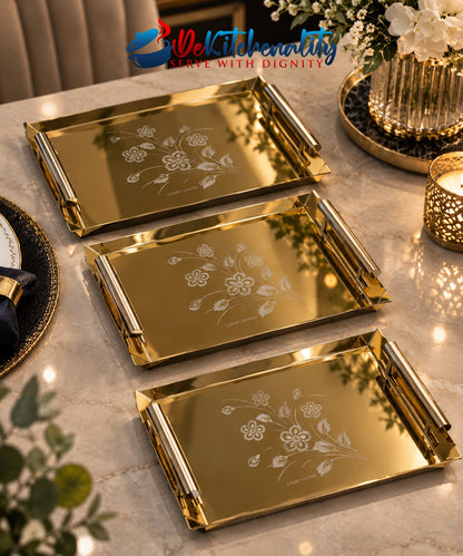 3-Piece Golden Stainless Steel Tray Set – Laser Print Luxury Serving Trays