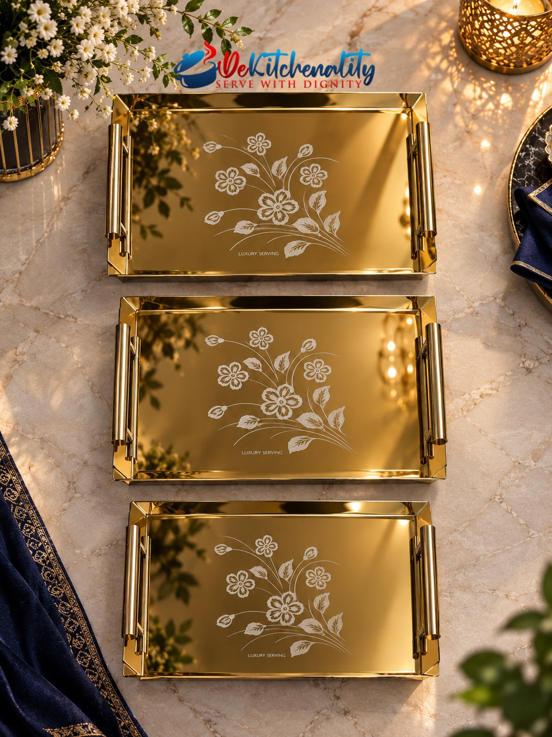 3-Piece Golden Stainless Steel Tray Set – Laser Print Luxury Serving Trays