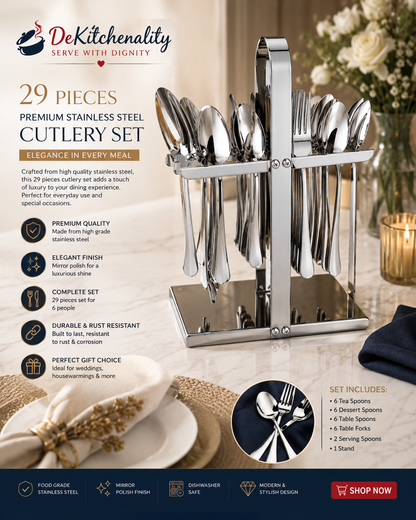 29 Piece Premium Stainless Steel Cutlery Set with Stand Mirror Polish Pakistan Dekitchenality