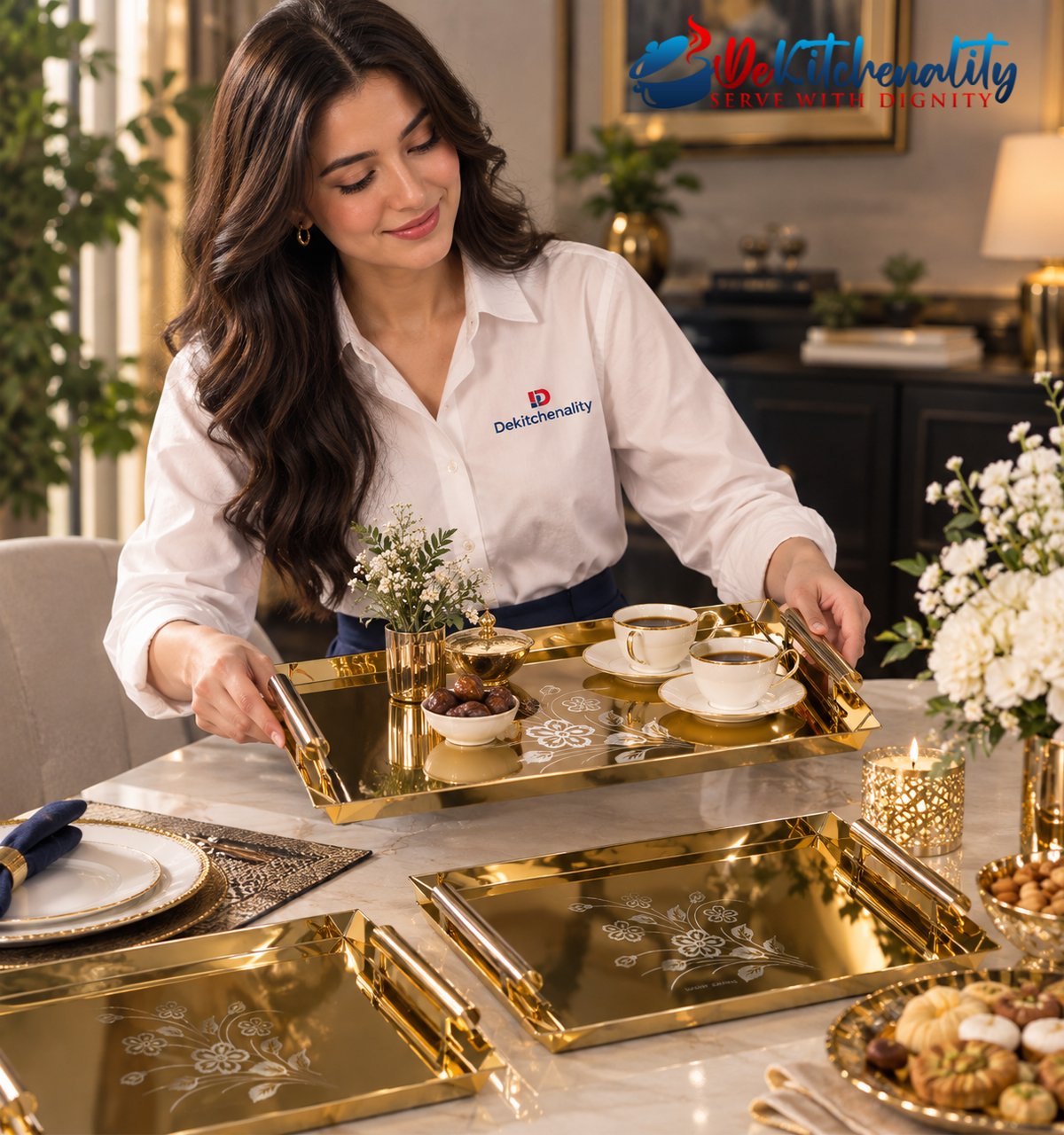 3-Piece Golden Stainless Steel Tray Set – Laser Print Luxury Serving Trays