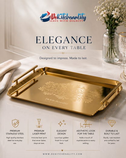3-Piece Golden Stainless Steel Tray Set – Laser Print Luxury Serving Trays