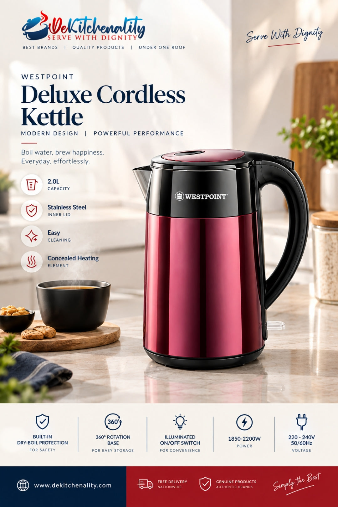 Westpoint Deluxe Cordless Kettle WF-6174 2.0L Double Layer SUS304 Stainless Steel Burgundy Pakistan