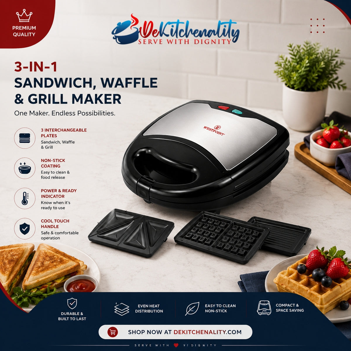 Westpoint Sandwich Toaster 3-in-1 WF-6193 Waffle Maker Grill Non-Stick Pakistan