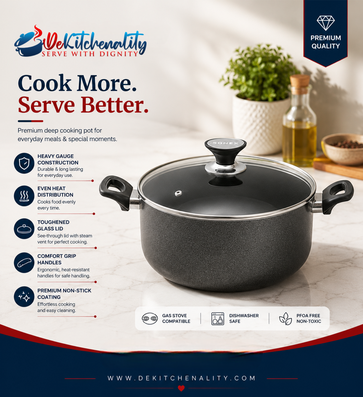 Sonex Classic Non-Stick Casserole – Durable Glass Lid 20cm to 28cm