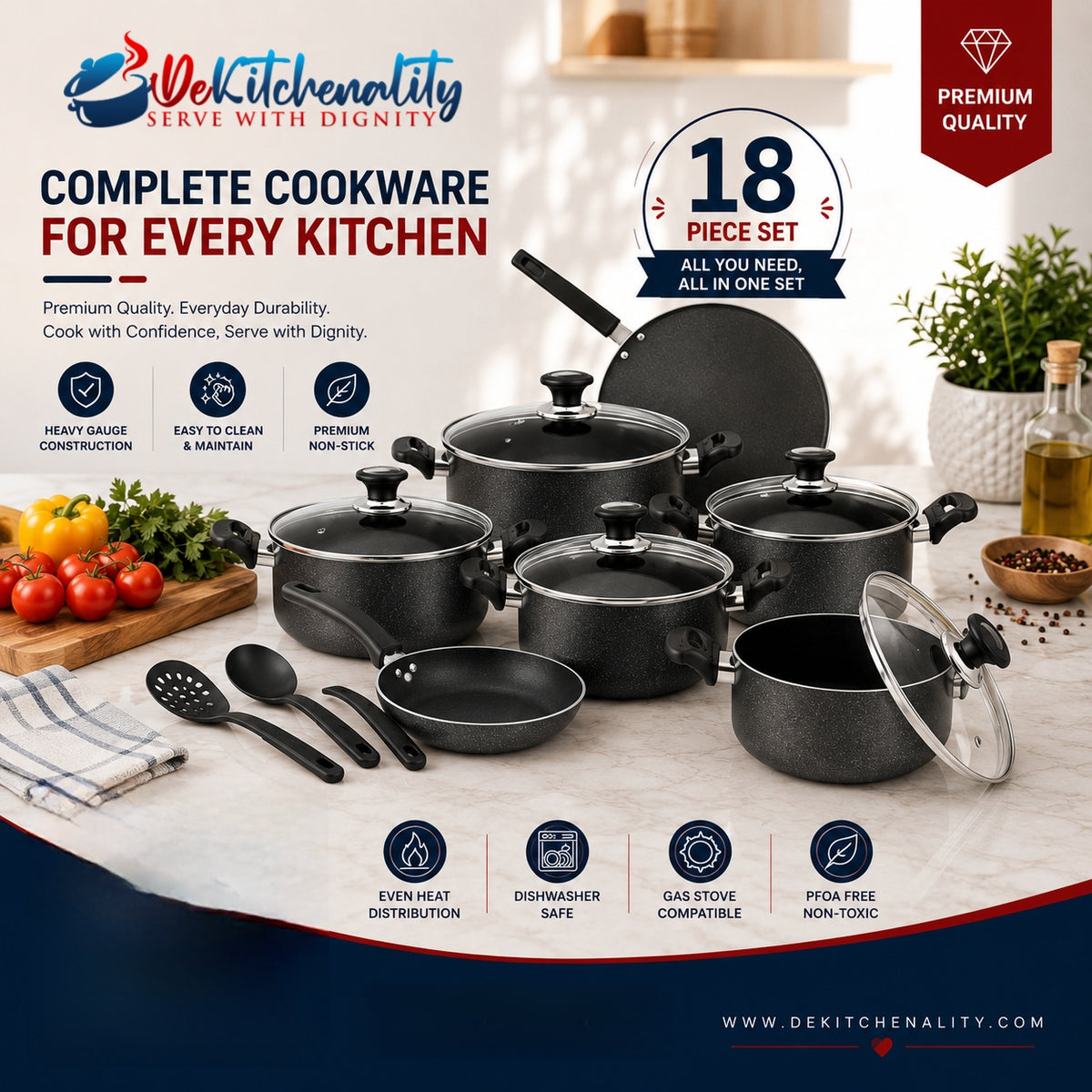Sonex Elegant 18-Piece Non-Stick Gift Pack – Glass Lid Complete Cookware Set