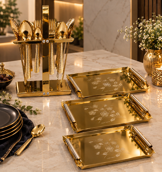 Golden Elegance Bundle – 3-Piece Tray Set + 29-Piece Cutlery Set | Dekitchenality