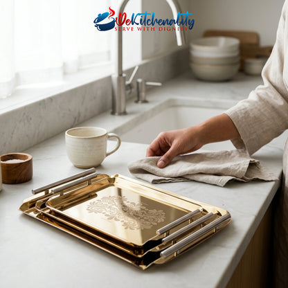 3-Piece Golden Stainless Steel Tray Set – Laser Print Luxury Serving Trays