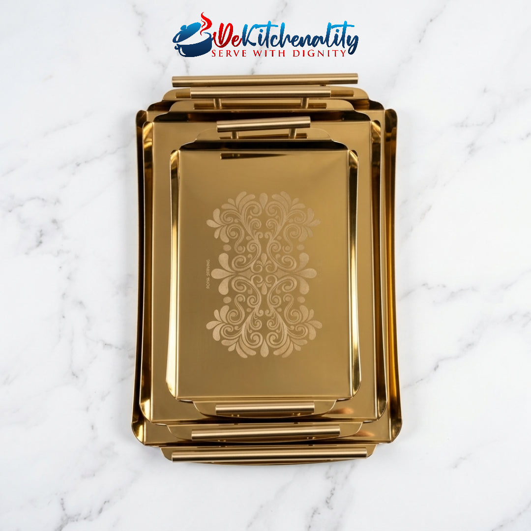 3-Piece Golden Stainless Steel Tray Set – Laser Print Luxury Serving Trays